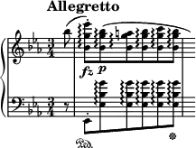 \new PianoStaff <<
\new Staff = "Up" \with { \magnifyStaff #3/4 } <<
\new Voice \relative c' {
\clef treble
\tempo "Allegretto"
\set Score.tempoHideNote = ##t \tempo 4 = 76
\time 3/4
\key ees \major
\partial 8
bes''8 (<bes, g' ees'>-. \arpeggio \fz) <bes g' bes> \arpeggio \p (<bes g' a> \arpeggio <bes g' bes> \arpeggio <bes g' c> \arpeggio <bes g' bes> \arpeggio \hide r16)
}
>>
\new Staff = "Down" \with { \magnifyStaff #3/4 } <<
\new Voice \relative c{
\clef bass
\key ees \major
r8 ees,-. \sustainOn <ees' bes' g'> \arpeggio <ees bes' g'> \arpeggio <ees bes' g'> \arpeggio <ees bes' g'> \arpeggio <ees bes' g'> \arpeggio \sustainOff s16
}
>>
>>