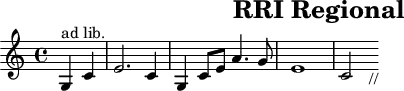 \header{tagline=##f title="RRI Regional"}
% https://www.intervalsignals.net/sounds/ins-rri2_banda_aceh_150915.mp3
common = {\partial 2}
\score{
\relative{\common g4^"ad lib." c e2. c4 g c8 e a4. g8 e1 c2 s8_"//"}
}
\score{
<<
\relative{
\set Staff.midiInstrument = "electric guitar (jazz)"
\common g4 <c e,>
<e g,>4. 4 4 <c e,>8 <g e>8. <c e,>8. <e b>8 <a f>4. <g e>8
<e c>4. <e g,>4 4 <c e,>8~ 8 4
}
\new Staff \relative{
\set Staff.midiInstrument = "acoustic guitar (nylon)"
\clef "treble_(8)"
\common r2
<<{
\repeat unfold 12{<e' c'>8} <a f'>8 8 8 8 \repeat unfold 11{<e c'>}
}\\{
c,2 g c f4 a, c2 g c
}>>
}
>>
\midi{\tempo 4=88}
}