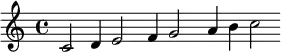 \relative c' { \override Staff.BarLine #'stencil = ##f { c2 d4 e2 f4 g2 a4 b c2 }}