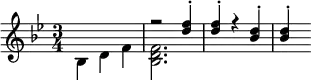 \header{ title = "Radio Österreich International" }
% https://www.intervalsignals.net/sounds/aut-z-orf_c1975.mp3
{
\key bes \major \time 3/4
\voices 2,1<<{
\set midiInstrument = "french horn"
\set midiMaximumVolume = #1.0
bes d' f'
<bes d' f'>2.*7/3
}\\{
\set midiInstrument = "clarinet"
\set midiMaximumVolume = #0.6
s2. r2 <d'' f''>4-. 4-. r4 <bes' d''>4-. 4-. s8
}>>
}
\midi{
\context{\Staff \remove "Staff_performer"}
\context{\Voice \consists "Staff_performer"}
\tempo 4 = 114
}