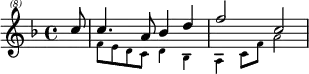 \header{ title = "Radio Olsztyn" }
% https://www.intervalsignals.net/sounds/pol-z-pr_olsztyn_rvd_1975.mp3
\relative<<{
\clef "treble^(8)" \key f \major \partial 8 c'''8 4. a8 bes4 d f2 c2
}\\ \magnifyMusic 0.7{
\set midiMaximumVolume = #0.7 s8 f, e d c d4 bes a4 c8 f a2
}>>
\midi{\tempo 4=88 \set Staff.midiInstrument = "electric piano 1"}