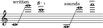 {
\new Staff \with { \remove "Time_signature_engraver" }
\clef treble \key c \major \cadenzaOn
c'1 ^ \markup "written" \glissando g'''1
\tweak font-size #-2 \ottava #+1 c''''1 \finger \markup \text "poss."
\ottava #0 \hide r1
a1 ^ \markup "sounds" \glissando e'''1
\tweak font-size #-2 a'''1 \finger \markup \text "poss."
}