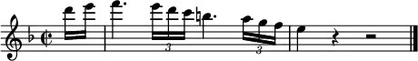 \relative c''' {
\time 2/2 \key f \major
\partial 8 d16 e |
f4. \times 2/3 { e16 d c } b4. \times 2/3 { a16 g f } |
e4 r r2 | \bar "|."
}