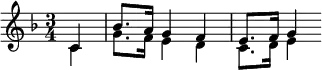 \header{ title = "Berliner Rundfunk" }
% https://www.intervalsignals.net/sounds/ger-z-brf_c1975.mp3
% Act3 Finale
\relative{
\key f \major \time 3/4
\set Staff.midiInstrument = "french horn"
\set Staff.midiMaximumVolume = #0.9
\omit Staff.Script
\partial 4
<<{
c'4-. bes'8.-. a16-. g4-. f-. e8.-. f16-. g4-.
}\\{
c,4-. g'8.-. f16-. e4-. d-. c8.-. d16-. e4-.
}
>>
}
\midi{\tempo 4 = 100}