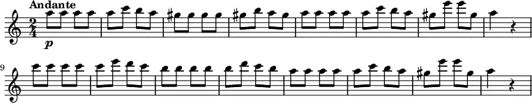 \new Staff {
\time 2/4
\clef treble
\set Staff.midiInstrument = #"flute"
\tempo Andante 4 = 85
\set Score.tempoHideNote = ##t
|
a''8\p
a''8
a''8
a''8
|
a''8
c'''8
b''8
a''8
|
gis''8
gis''8
gis''8
gis''8
|
gis''8
b''8
a''8
gis''8
|
a''8
a''8
a''8
a''8
|
a''8
c'''8
b''8
a''8
|
gis''8
e'''8
e'''8
gis''8
|
a''4
b'4\rest
|
c'''8
c'''8
c'''8
c'''8
|
c'''8
e'''8
d'''8
c'''8
|
b''8
b''8
b''8
b''8
|
b''8
d'''8
c'''8
b''8
|
a''8
a''8
a''8
a''8
|
a''8
c'''8
b''8
a''8
|
gis''8
e'''8
e'''8
gis''8
|
a''4
b'4\rest
}