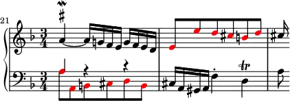 {
\new PianoStaff <<
\new Staff <<
\relative c'' {
\set Score.currentBarNumber = #21
\set Score.proportionalNotationDuration = #(ly:make-moment 1/8)
\bar ""
\clef treble \key d \minor \time 3/4
\once \override TextScript.script-priority = #-100 a4~^\mordent^\markup { \sharp } a16 g! f e g f e d
\override NoteHead.color = #red \stemUp e8 e' d cis b d
\override NoteHead.color = #black cis16
}
>>
\new Staff <<
\clef bass \key d \minor \time 3/4
\new Voice \relative c' {
\override NoteHead.color = #red a8 a, b cis d b
\override NoteHead.color = #black cis16 a gis a f'4-. d\trill a'8
}
\new Voice \relative c' {
\stemUp \override NoteHead.color = #red a4 r r
}
>>
>> }