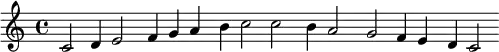 \relative c' { \override Staff.BarLine #'stencil = ##f { c2 d4 e2 f4 g a b c2 | c b4 a 2g f4 e d c2 }}