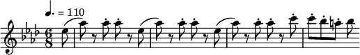 \relative c'' {
\set Staff.midiInstrument = #"flute"
\tempo 4. = 110
\key as \major
\time 6/8
\partial 8 es8( as) r8 as8-. as-. r8 es8( as) r8 as8-. as-. r8 es8( as) r8 as8-. as-. r8 c8-. c-. bes-. a-. bes
}