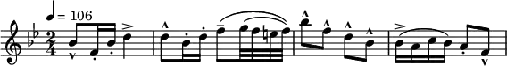 \relative c'' {
\set Staff.midiInstrument = #"flute"
\key bes \major
\time 2/4
\tempo 4 = 106
bes8-^ f16-. bes-. d4-> | d8-^ bes16-. d-. f8\(-- g32( f e f)\) | bes8-^ f-^ d-^ bes-^ | bes16(-> a c bes) a8-. f-^
}