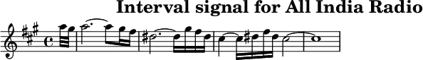 \header{tagline=##f title="Interval signal for All India Radio"}
% https://www.intervalsignals.net/sounds/ind-z-air_external_rvd_c1965.mp3
common = {\key fis \minor}
main = \relative{
\set Staff.midiInstrument = "violin" \common \grace{s8}
s2 s4 s8. a''32 gis a2.~ 8 gis16 fis dis2.~ 16 gis fis dis
cis4~ 16 dis fis dis cis2~ 1
}
acco = {
\set Staff.midiInstrument = "sitar"
\set midiMaximumVolume = #0.6 \common \clef bass
\grace{s8\sustainOn} \repeat unfold 5{fis,4 cis fis cis} s8\sustainOff
}
\score{\main \layout{indent=#0 line-width=#120 }}
\score{<<\main \new Staff \acco>> \midi{\tempo 4=91}}