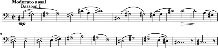 {\new PianoStaff {<<
\new Staff \relative c'{\set Staff.midiInstrument=#"bassoon" \time 2/2 \set Score.tempoHideNote = ##t \tempo "Moderato assai" 4=138 \autoBeamOff \clef bass \key a \minor ^\markup {Bassoon I} |\mp cis,2\(( gis'2)|gis2-- gis2--\)|fis2-- cis'4\(( a4)|cis1\)|cis,2\(( gis'2)|gis2\) fis4\(( gis4)|cis2\) \override Hairpin.to-barline = ##f cis2~\> |cis2 \! a4\(( fis4)|dis2--\) dis2--|dis2-- e4( fis4)|gis2--( a2--)|gis2--( e2--)|dis2( gis2)|fis2--\( e4( dis4)\)|cis2.. r8|cis2.. r8|}>>}}
