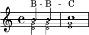 % https://www.intervalsignals.net/sounds/ukg-bbcws_b_interval_signal_170701.mp3
<<
\new Staff="bbc"<<
{b'2 2 c''1}\\ \magnifyMusic 0.7{<g' d'>2 2 <g' e'>1}
>>
\new Lyrics \with{alignAboveContext="bbc"} \lyricsto "1"{B -- B -- C}
>>
\midi{\tempo 4=106 \set Staff.midiInstrument = "electric piano 1"}