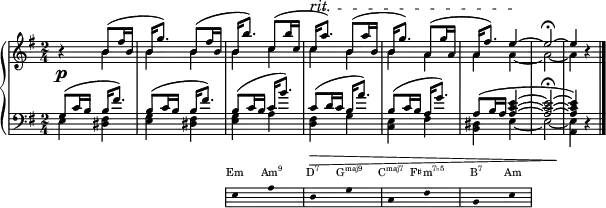  { <<

  \new Dynamics {
    s2 s s4 s \tempo 8 = 87 s-"rit." \tempo 8 = 82 s \tempo 8 = 77 s \tempo 8 = 72 s
  }
 \new PianoStaff <<
  \new Staff \with{ \magnifyStaff #3/4 } << 
   \new Voice \relative c' {
   \key e \minor \set Score.tempoHideNote = ##t \tempo 8 = 92 \time 2/4 \stemUp \slurUp \tieUp
    r4 b'8( fis'16 b, | b g'8.) b,8( fis'16 b, | b b'8.) c,8( b'16 c, | c a'8.^\startTextSpan) b,8( a'16 b, | b g'8.) a,8( g'16 a, | a fis'8.) e4 ~ \stopTextSpan e2 \fermata ~ e4 r \bar "|."
   }
   \new Voice \relative c' {
   \stemDown \tieDown
    s4 b'4 b b b c c b b a a a ~ a2 ~ a4 s4
   }
  \new Dynamics {
    \p
  }
  \new Staff \with{ \magnifyStaff #3/4 } <<
   \new Voice \relative c' { 
    \key e \minor \clef F \time 2/4 \stemUp \slurUp \tieUp
    g8( c16 b b fis'8.) | b,8( c16 b b fis'8.) | b,8( c16 b c b'8.) | c,8( d16 c b a'8.) | b,8( c16 b a g'8.) | a,8( b16 a ~ <a c e>4 ~ <a c e>2 \fermata ~ <a c e>4) r | 
   }
   \new Voice \relative c' { 
    \stemDown \tieDown
    e,4 <dis fis> | <e g> <dis fis> | <e g> a | <d, fis> g | <c, e> fis | <b, dis> e4 ~ e2 ~ <a, e'>4 s
   }
  \new Dynamics {
    s2 s s s\> s s s s \!
  }
 >> >> >>
 \new Staff = "chords" \with {
      \omit TimeSignature
      \magnifyStaff #2/3
    } \relative c' 
 { \hide Staff.KeySignature \hide Staff.Clef \key e \minor \clef bass
 { \hide Stem \stopStaff \once \hide \p s2 s \startStaff e,8 s a s d, s g s c, s fis s b, s e s \stopStaff}} 
\addlyrics \with { alignAboveContext = "chords" \override VerticalAxisGroup.nonstaff-relatedstaff-spacing = #'((basic-distance . 3)) } { \override LyricText.font-size = #-3 Em \markup{\concat{Am\super{9}}} \markup{\concat{D\super{7}}} \markup{\concat{G\super{maj9}}} \markup{\concat{C\super{maj7}}} \markup{\concat{F♯m\super{7♭5}}} \markup{\concat{B\super{7}}} Am}
>>
 }
\layout { line-width = #150 }
