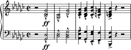 \relative c' {
\new PianoStaff <<
\new Staff {
\set Staff.midiInstrument = #"piano" \key ges \major \clef treble \time 2/2 \set Score.tempoHideNote = ##t \tempo 4 = 90
r2 <bes des ges>2 \ff _^ |
<ges ces>2 _^ <des' ges>2 _^ |
<ces es as>4 _^ <bes des ges bes>4 _^ <ces ges' ces>4 _^ <c f a>4 _^ |
<bes d f bes>4 -> r4 r2 |
}
\new Staff {
\set Staff.midiInstrument = #"piano" \key ges \major \clef bass \time 2/2
r2 <ges, des'>2 \ff _^ |
<ces es>2 ^^ <bes des ges>2 ^^ |
<as es' as>4 ^^ <ges ges'>4 _^ <es es' ges>4 _^ <f f'>4 _^ |
<bes, bes' f'>4 -> r4 r2 |
}
>>
}