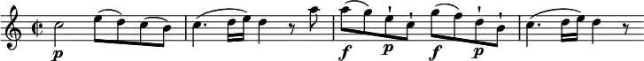 \relative c'' { \set Staff.midiInstrument = "string ensemble 1" \set Score.tempoHideNote = ##t
\key c \major
\time 2/2
\tempo 4 = 60
c2\p e8 (d) c (b)
c4. (d16 e) d4 r8 a'8
a\f (g) e-!\p c-! g'\f (f) d-!\p b-!
c4. (d16 e) d4 r8
}