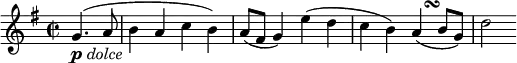 \relative g' {
\key g \major \time 2/2
\partial 2 g4.( _\markup{ \musicglyph #"p" \italic "dolce" } a8
b4 a c b)
a8( fis g4) e'( d
c4 b) a( -\tweak X-offset #2.8 \turn b8 g)
d'2
}