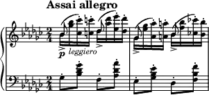 \new PianoStaff <<
\new Staff = "Up" \with { \magnifyStaff #3/4 } <<
\new Voice \relative c' {
\clef treble
\key ges \major
\tempo "Assai allegro"
\set Score.tempoHideNote = ##t \tempo 4 = 112
\time 2/4
\stemDown
bes'16_> \p (<ges' bes>_\markup{\italic leggiero} <ces, ces'>-.) <c c'>-. des_> (<aes' des> <ees ees'>-.) <des des'>-. ges,_> (<ees' ges> <aes, aes'>-.) <a a'>-. bes_> (<f' bes> <ces! ces'!>-.) <bes bes'>-.
}
\new Voice \relative c' {
\stemUp
bes'8 s des s ges, s bes
}
>>
\new Staff = "Down" \with { \magnifyStaff #3/4 } <<
\new Voice \relative c{
\clef bass
\key ges \major
ges'8-. <bes des ges>-. f-. <aes des aes'>-. ees-. <ges bes ees>-. des-. <f bes f'>-.
}
>>
>>