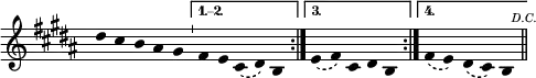 \header{tagline=##f}
% https://www.intervalsignals.net/sounds/ukg-bbcws_bow_bells_is_170701.mp3
main = {
\key b \major \omit\time 5/4 \omit Stem \slurDashed
\transpose f e \relative{
\repeat volta 4{e''4 d c b a \bar "'"}
\alternative{{g f d( e) c}{f( g) d e c}{g'( f) e( d) c}}
}
\bar "||" \mark \markup{\teeny \italic D.C.}
}
\score{\main \layout{indent=0 line-width=120}}
\score{<<\unfoldRepeats\main \new Staff{\skip 4*50}>>
\midi{\tempo 4=187 \set Staff.midiInstrument = "tubular bells"}
}