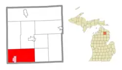 Location within Montmorency County (red) and the administered CDP of Lewiston (pink)