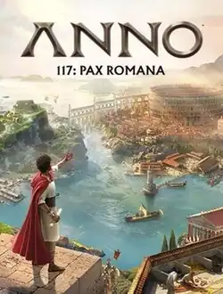 Front cover of the video game Anno 117 showing a boat sailing between two islands