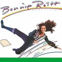 cut-out photo of Bonnie Raitt sliding into color line drawing of baseball home plate