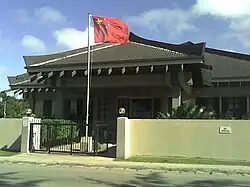 The Chinese embassy in Nuku'alofa, Tonga with its national flag.