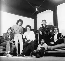 The 1976–1978 lineup of Little River Band (L–R): Graeham Goble, Beeb Birtles, George McArdle, Glenn Shorrock, David Briggs; (front): Derek Pellicci