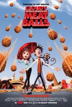 Flint Lockwood, Sam Sparks, and Steve the Monkey look up at the sky as meatballs rain down; the background is stacked with various giant foods.
