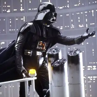 The final design of the Darth Vader helmet and costume (seen here in The Empire Strikes Back, 1980)