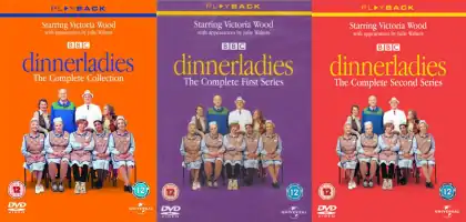 Three adjacent DVD covers: orange, purple and red respectively, each bearing the word "dinnerladies" in a lowercase thin serif font.