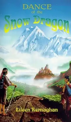 Two travellers walk a path to a distant castle under snowy mountains.
