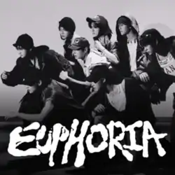 Black-and-white cover art showing Alpha Drive One members in streetwear, with the word "Euphoria" written in large text.
