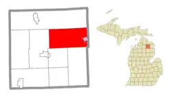 Location within Montmorency County (red) and the administered village of Hillman (pink)