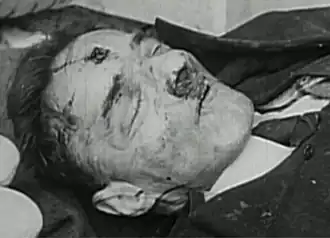 Achromatic close-up of a suited body with a toothbrush moustache, a bloody gunshot wound to the forehead, and a motley right temple