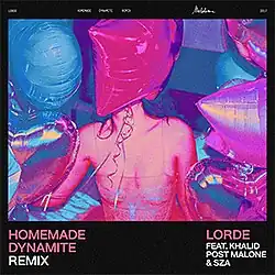 A polaroid-style picture of a woman, presumed to be Lorde, surrounded by blue, pink and purple colored balloons.
