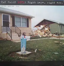 A plastic figurine of Jesus Christ on a lawn next to a home that has been demolished