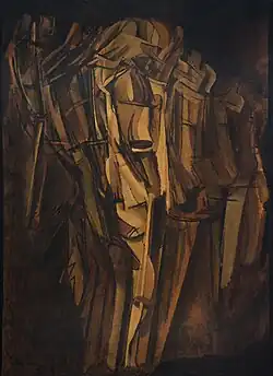 Marcel Duchamp, 1911–1912, Nude (Study), Sad Young Man on a Train (Nu, esquisse, jeune homme triste dans un train), oil on cardboard mounted on Masonite, 100 × 73&nbsp;cm, Peggy Guggenheim Collection, Venice