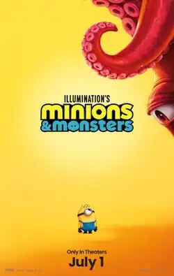 A minion stands at the center, looking up to the right. On the top right, a red octopus-like creature is partially seen looking at the minion.