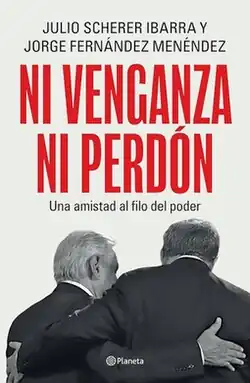 A large lettering of the title on a light background and a black-and-white photograph of two suited men seen from behind with their arms around each other's backs. The publisher logo "Planeta" appears at the bottom.
