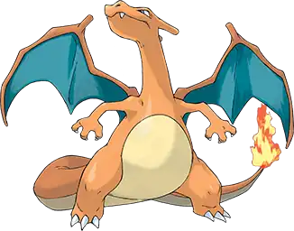 The image depicts a bipedal winged dragon-like creature with an orange and cream body and teal wings with orange trimming. It has a flaming tail, three white claws on all four limbs, and two horns on the back of its head.