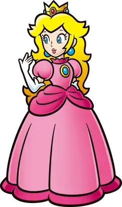 Artwork of Peach wearing a pink gown, white gloves and gold crown