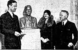 Robert M. Hutchens and George Hubert Jones posing with bust of Jones during December 1929 dedication of the University of Chicago's George Herbert Jones Laboratory