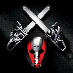 The background is a dimly-lit, black diamond plate. On it, a black and red hockey mask, under two crossed chainsaws, is depicted.
