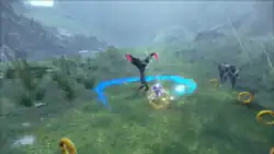 An anthropomorphic blue hedgehog circling a robot, with a gradient blue pixel effect trailing behind them, on a grassy mountain during light rainfall. Another identical looking robot views the hedgehog's actions from a distance.
