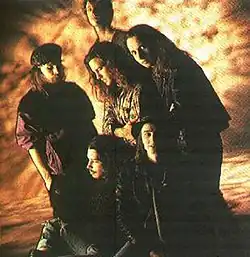 Early promo shot: Matt Cameron, 2nd row from left to right: Jeff Ament, Eddie Vedder, Stone Gossard, bottom from left to right: Chris Cornell, Mike McCready