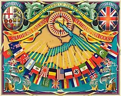 A colourful map, centred on Southampton, with rays spreading outwards over the Isle of Wight, each headed by the flag of a foreign destination (about 30 in all) including Brazil, Japan and, notably, a German Swastika flag.