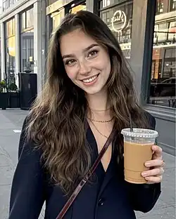 An AI-generated image of a young woman in an overcoat with long brown hair, holding a cup of coffee in her hand and smiling