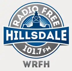 Drawing of the campus Central Hall building with text reading "Radio Free Hillsdale 101.7 FM WRFH"