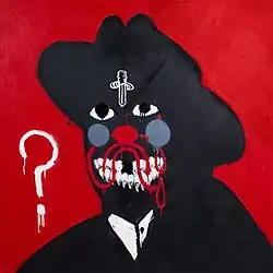 A bust of a black man with a large white smile and gapped teeth on a red background. A frown and tears are painted in red across his face and a knife is drawn in white on his forehead.