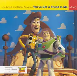 A 3D render of a small-size man in a cowboy costume and a small-size man in an astronaut costume holding each other